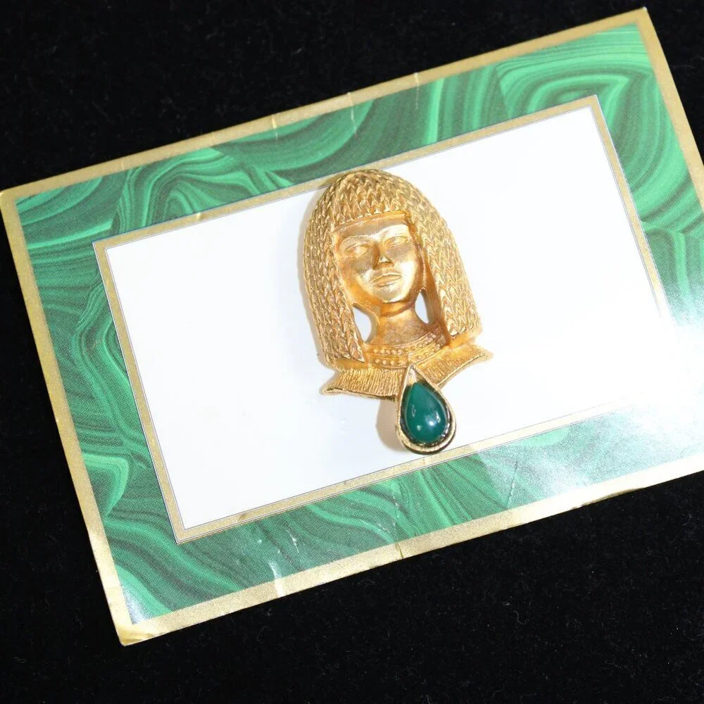 Margot Townsend Gold Egyptian Face Emerald Color Inverted Teardrop Stone
